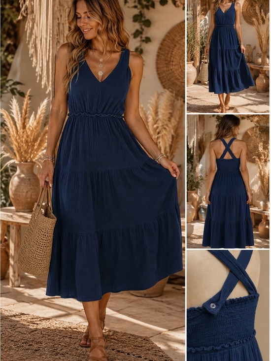 Steve Madden Dresses & Skirts - Steve Madden Navy Tiered V-Neck Midi Dress with Cross Back